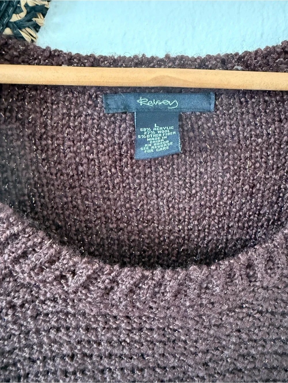 Raisey Brown Wool Blend Cable Knit Babydoll Sweater Shimmer Size Large Y2K Fall